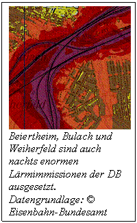 Textfeld:  
Beiertheim, Bulach und Weiherfeld sind auch nachts enormen Lrmimmissionen der DB ausgesetzt. Datengrundlage:  Eisenbahn-Bundesamt 2008

